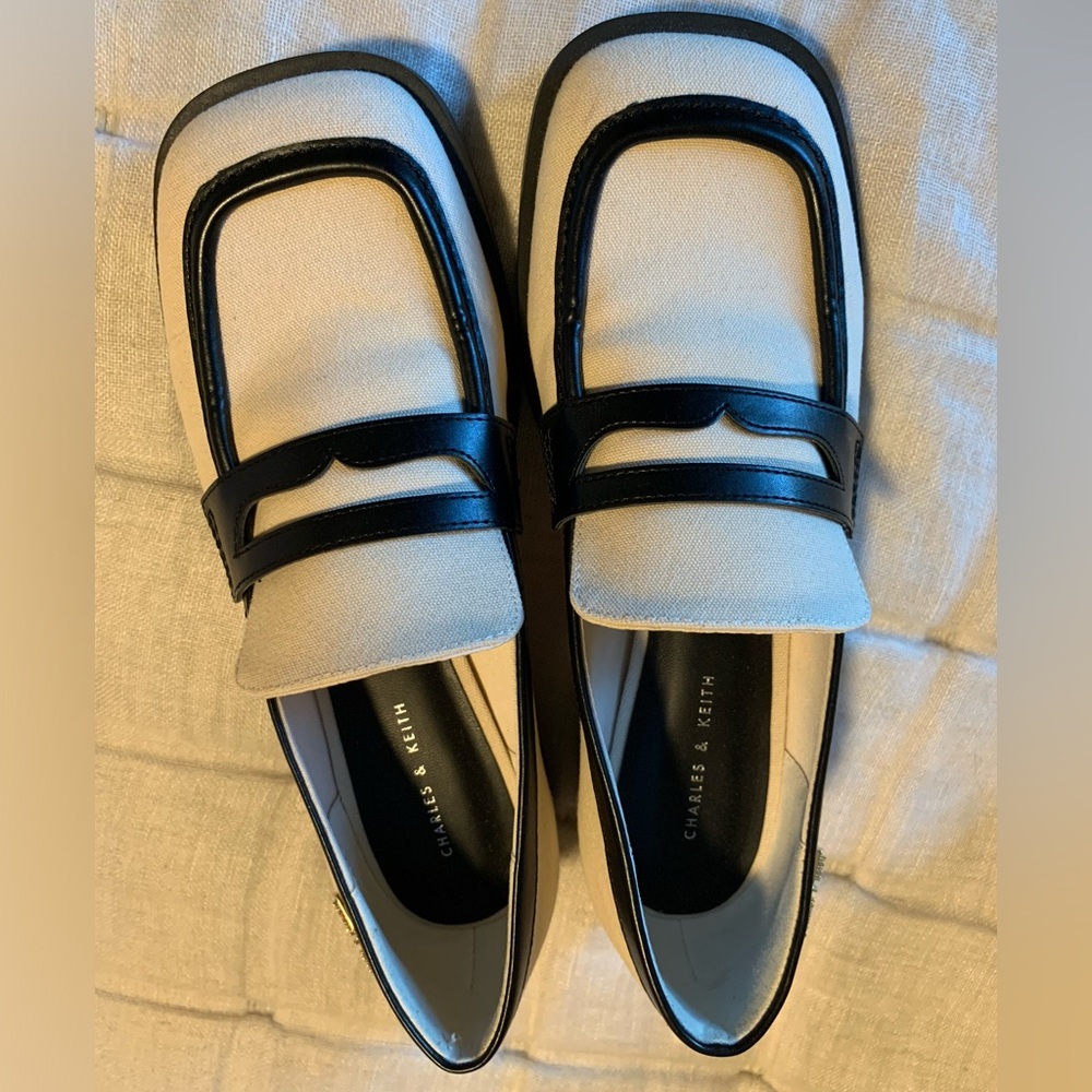 Charles & Keith Cream and Black Square-Toe Loafers
